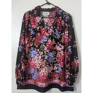 Teddi Of California Vintage Tunic Blouse Black Floral V-neck Size 38* Collared